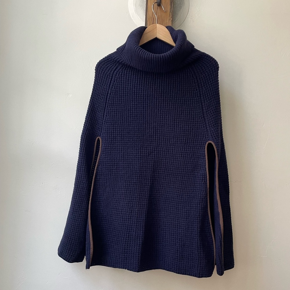 Lauren Ralph Lauren navy blue wool blend poncho with brown leather trim